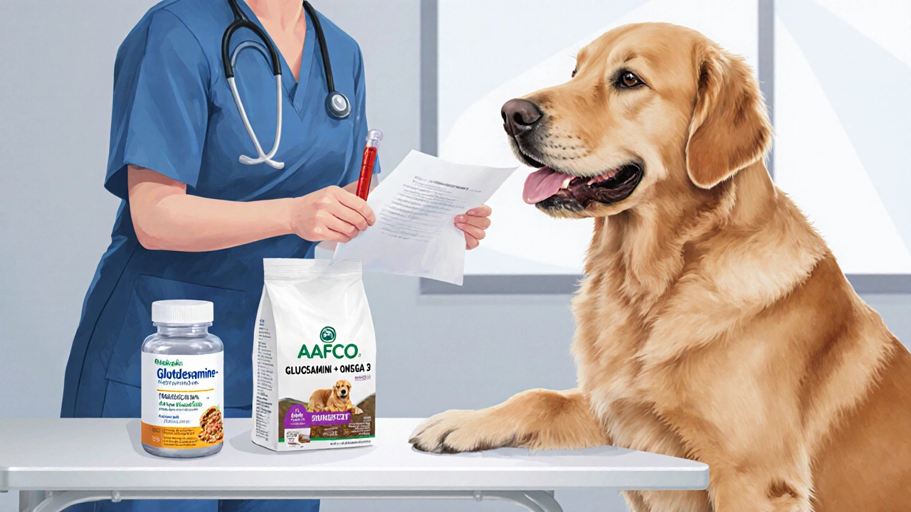 A vet examining an older dog with a supplement bottle and certified dog food on the table.