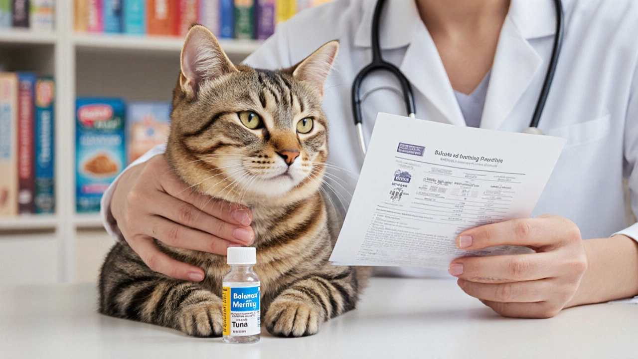 A veterinarian examining a sick cat with a mercury test report.