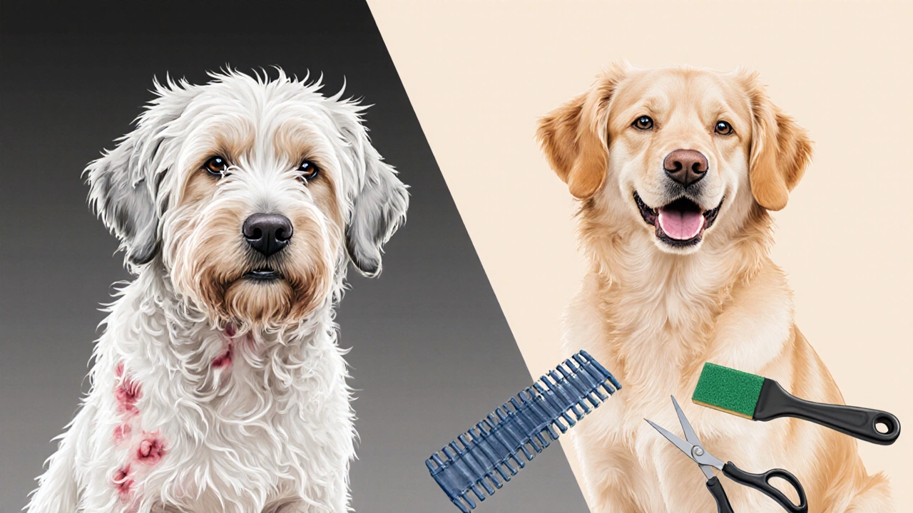 Before and after of a rescued dog transformed from matted distress to clean, healthy coat.