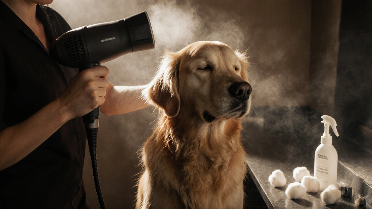 Professional drying a Golden Retriever’s thick fur with high-velocity and hand dryers.