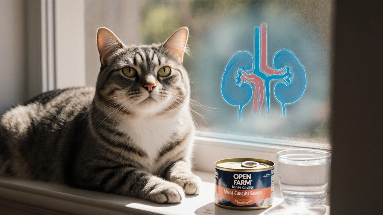 Senior cat resting by window with wet food can and water, soft sunlight