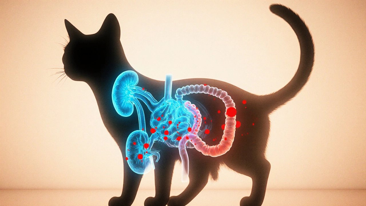 Silhouette of a cat with internal organs showing healthy vs. unhealthy nutrition effects.