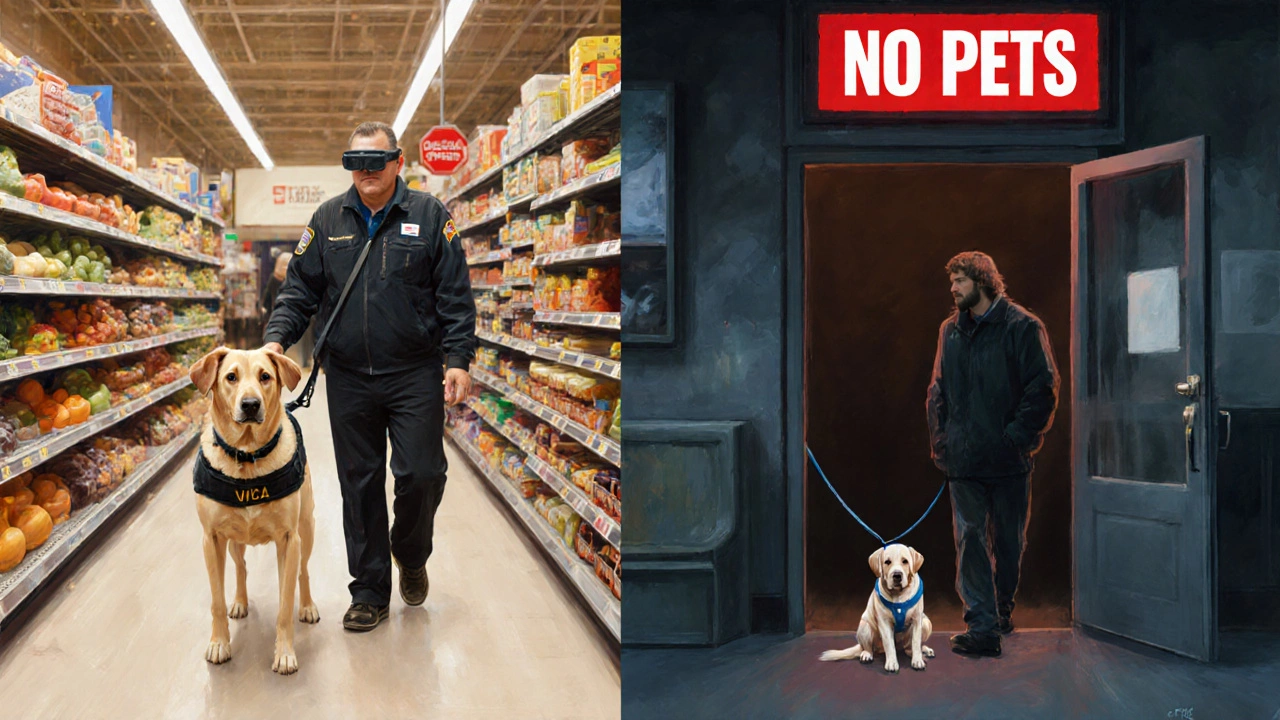 Split image: service dog assisting a person inside a grocery store, while a pet dog waits outside with a &#039;No Pets&#039; sign.