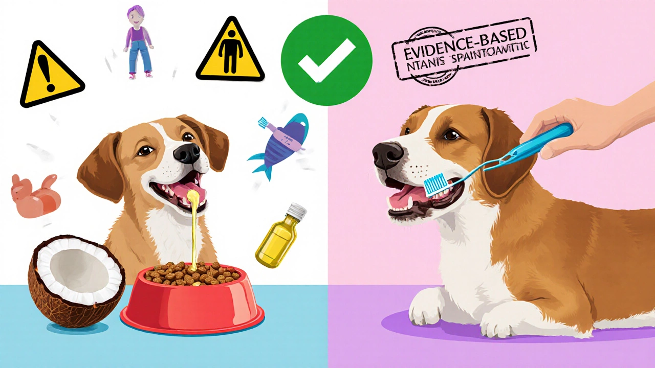 Split image showing a dog with health problems from coconut oil vs. healthy care with fish oil and brushing.