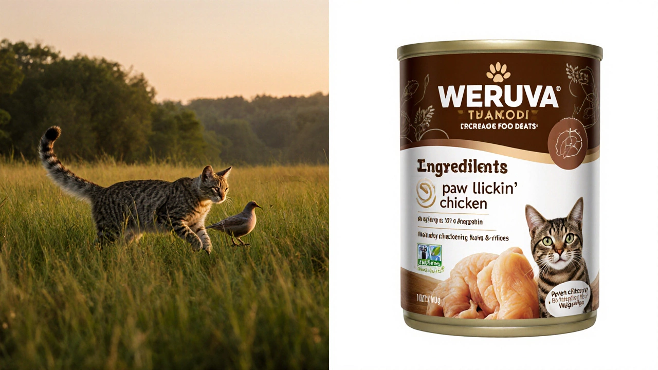 Split image: wild cat hunting vs. clean wet food can, nature and nutrition