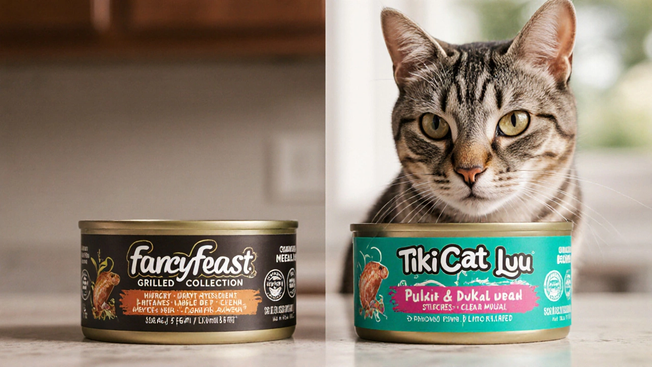 Two cat food cans side by side, one with poor ingredients, one with whole meat.