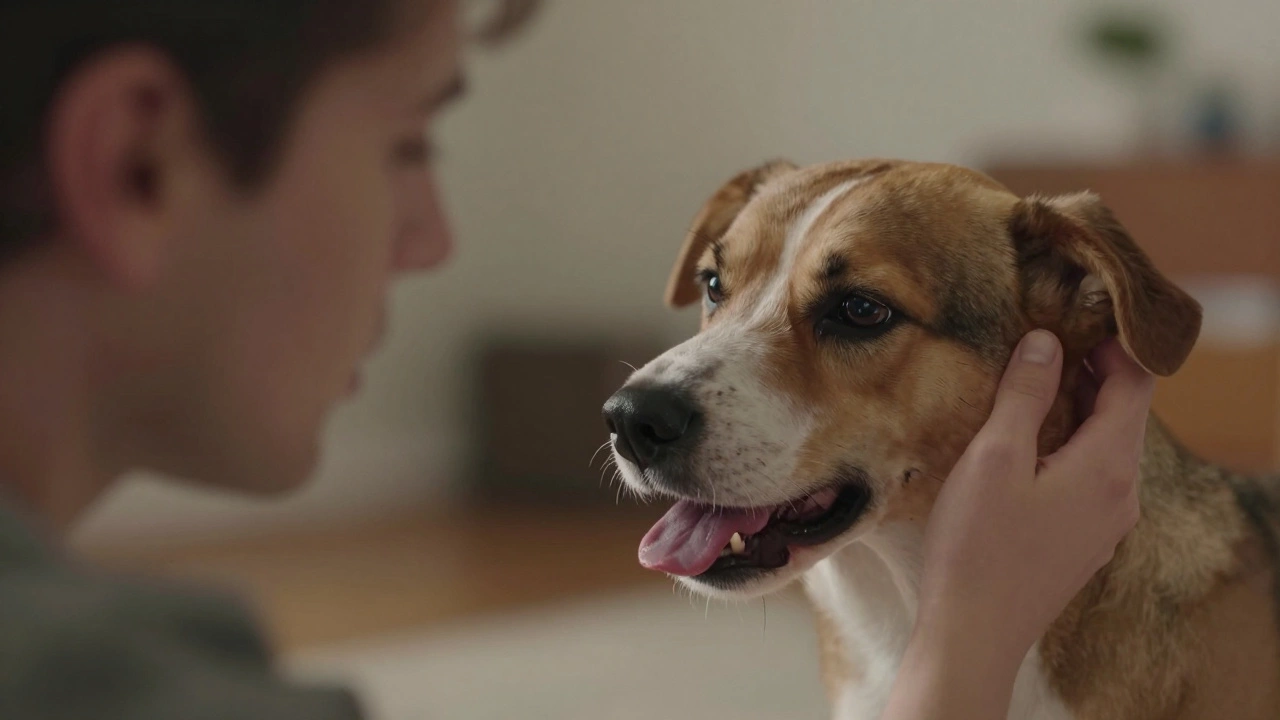 A dog shows subtle stress signs as a human leans in to kiss, ears pinned and lips licking.