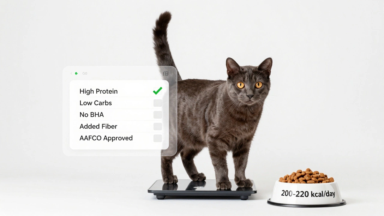 A healthy indoor cat beside a food bowl with a nutritional checklist floating above.