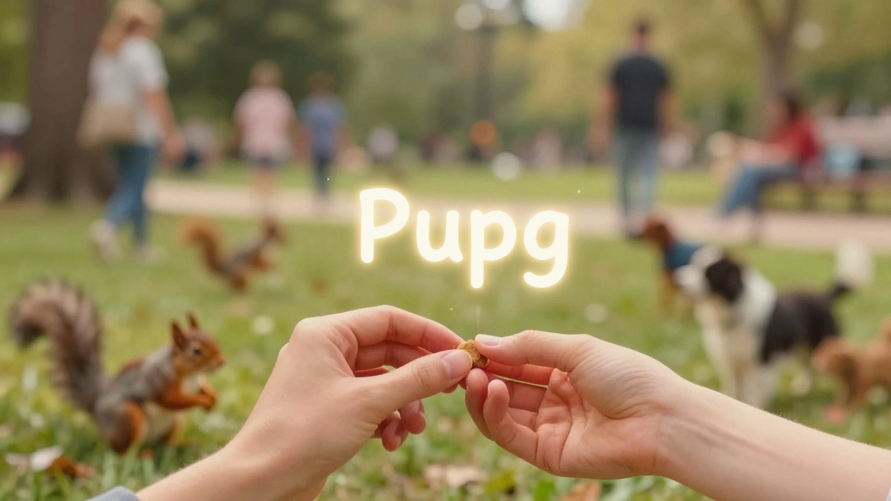 A puppy in a busy park focusing on hands offering a treat, name glowing softly.