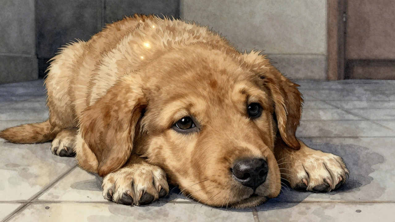 A puppy nuzzles a comforting plush toy glowing faintly with warmth, in a quiet nighttime setting.