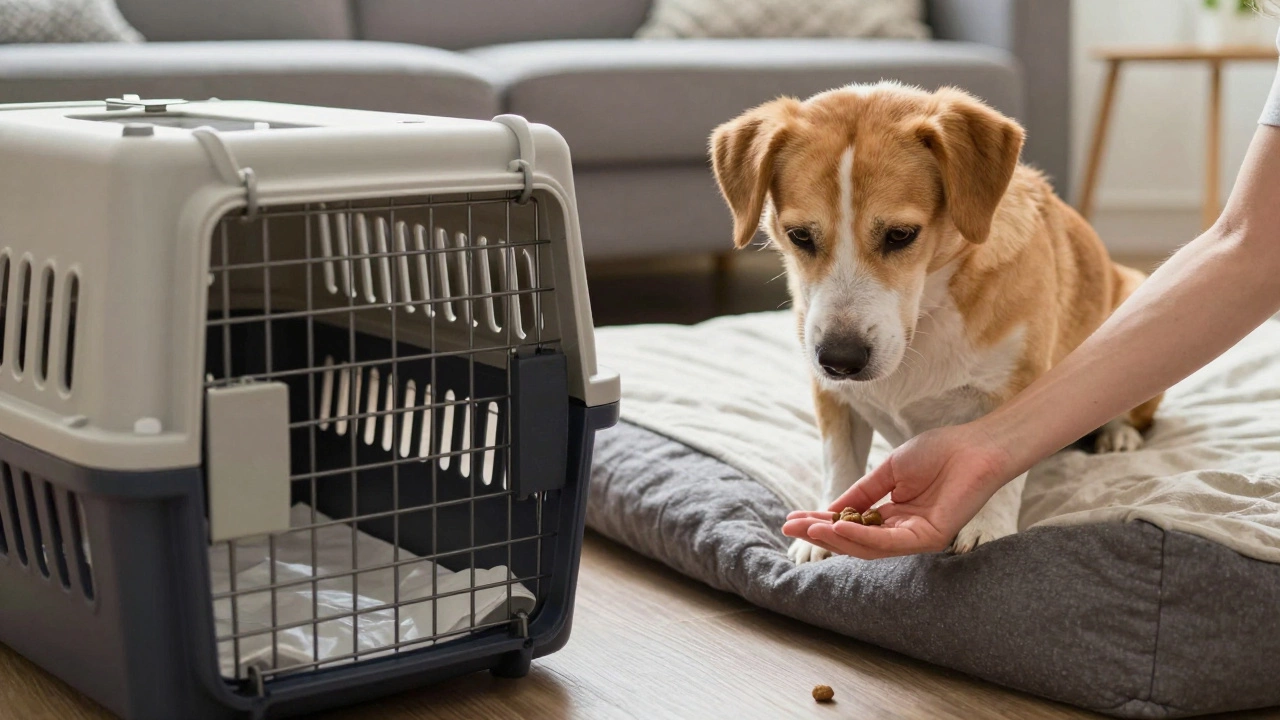 A rescue dog chooses between a crate and a bed, both with treats, in a softly lit living room.