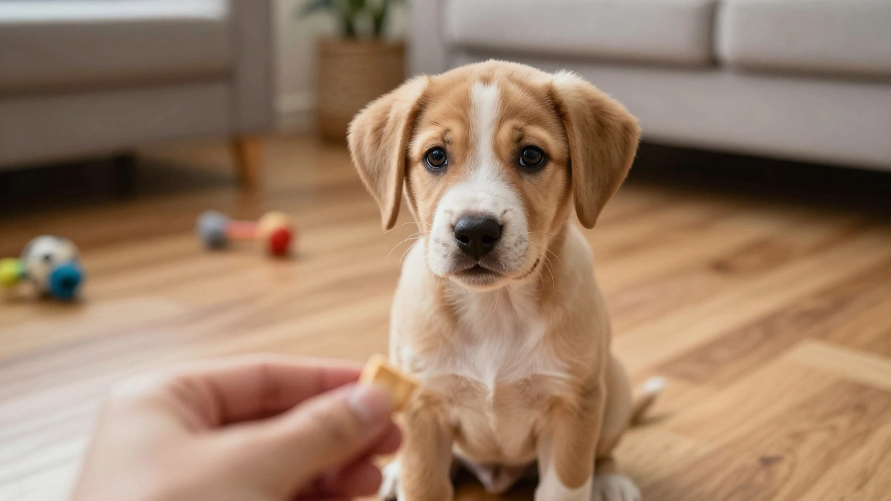 An 8-week-old puppy turning to look at a treat, focused and attentive.
