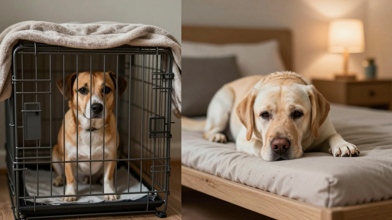 An elderly Labrador rests on an orthopedic bed while a dog in a covered crate looks calm nearby.