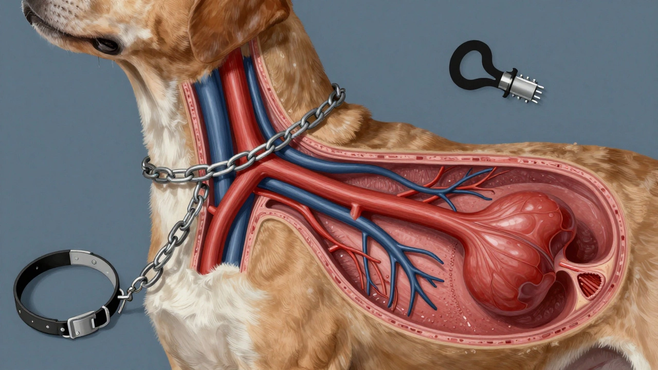 Cross-section of a dog’s neck showing healthy anatomy versus pressure from a choke chain.