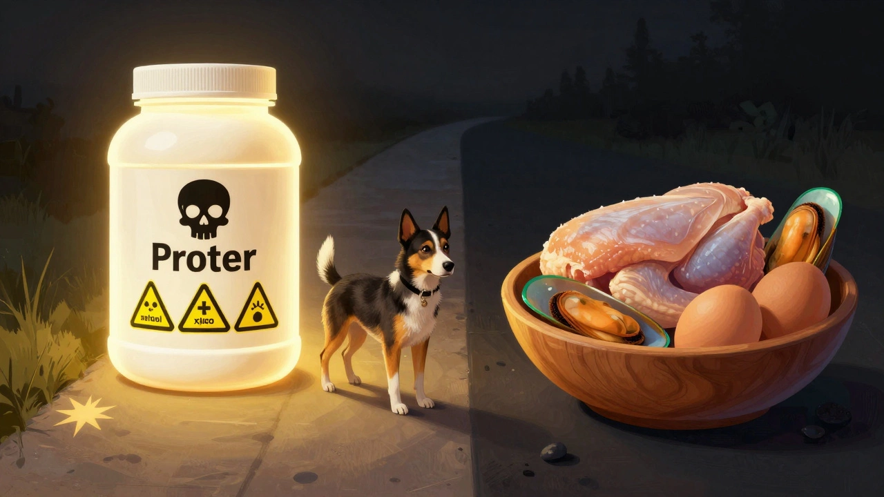 Dog choosing between toxic protein powder and natural foods on a symbolic path.