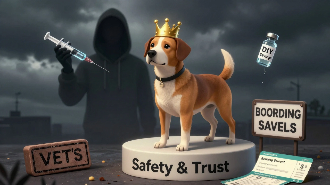 Dog crowned on pedestal of safety while DIY vaccine fades into shadow