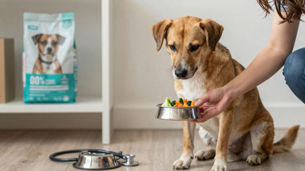 Dog sitting calmly while owner offers steamed vegetables in a bowl, vet stethoscope visible in background.
