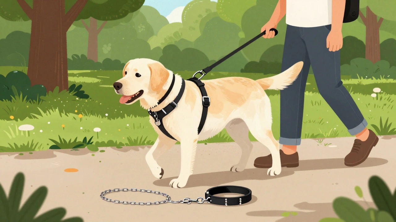 Dog walking calmly in a harness while harmful collars lie discarded on the ground.