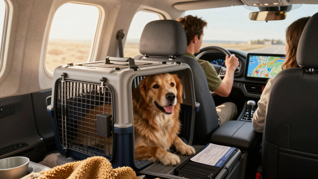 Family preparing for a road trip with their large dog beside a too-big carrier.
