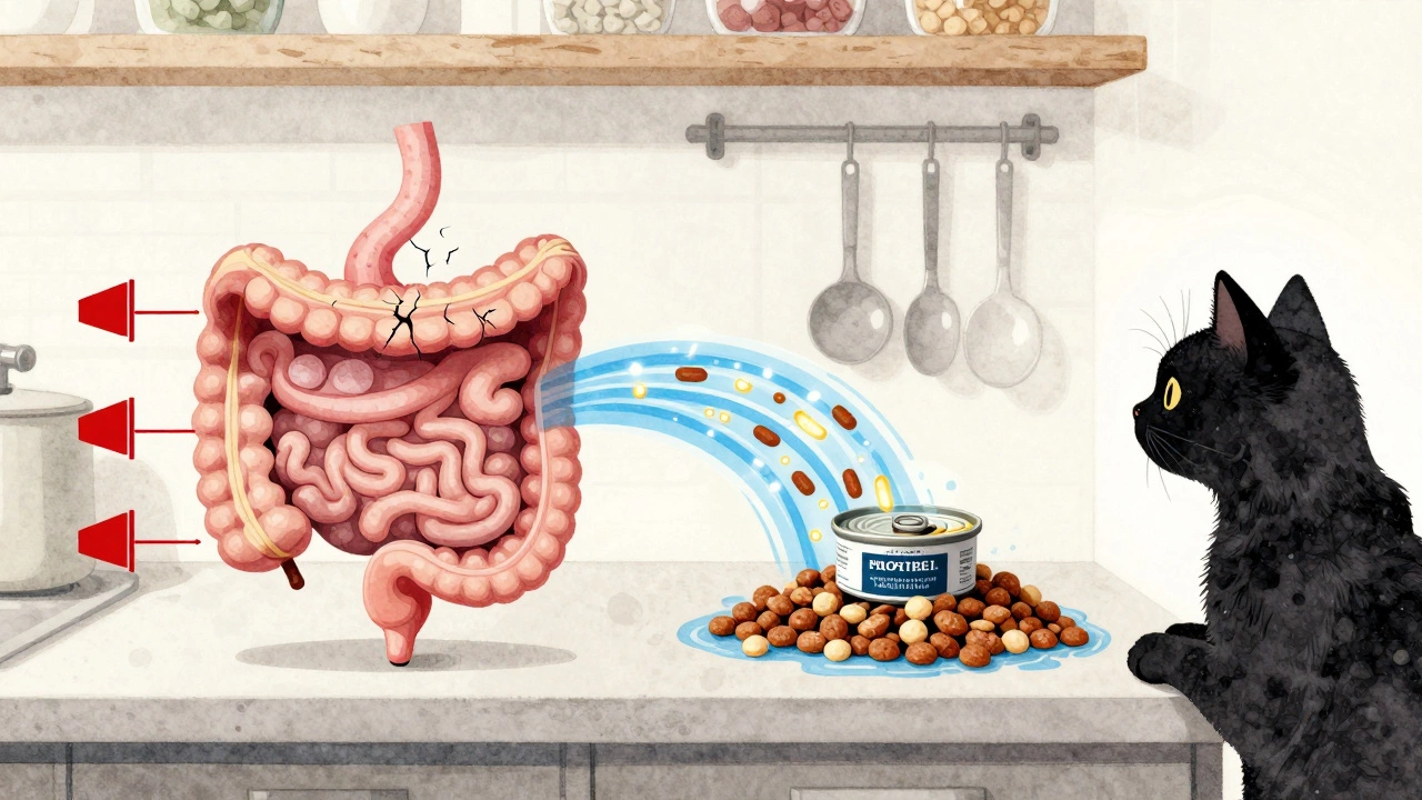 Illustration comparing dry and wet cat food effects on a cat's digestion.