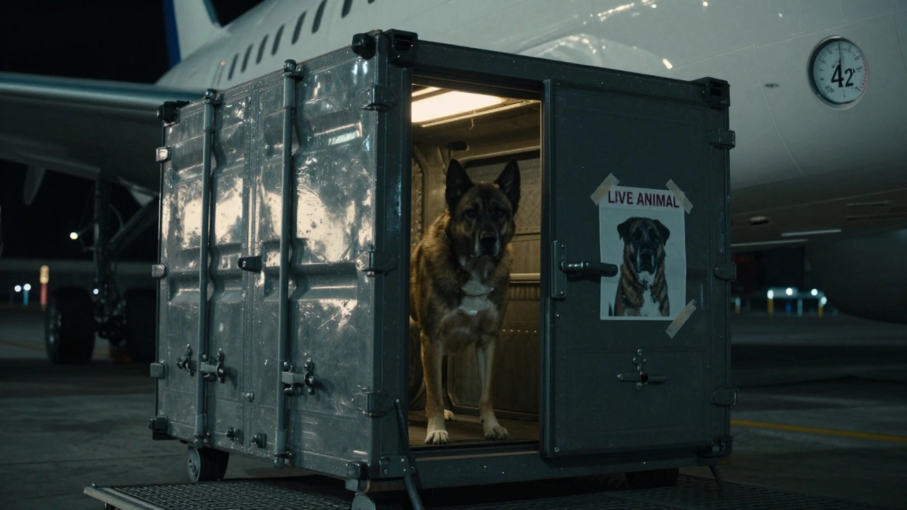 Large dog in a secure cargo crate being loaded onto a plane at night.