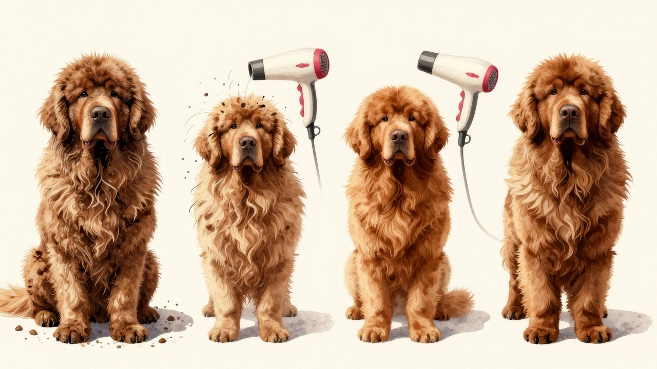 Newfoundland dog at four stages of grooming: muddy, bathed, drying, and trimmed.