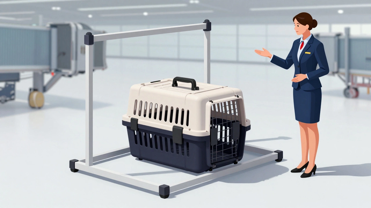 Pet carrier being tested against an airline sizing frame at the gate.