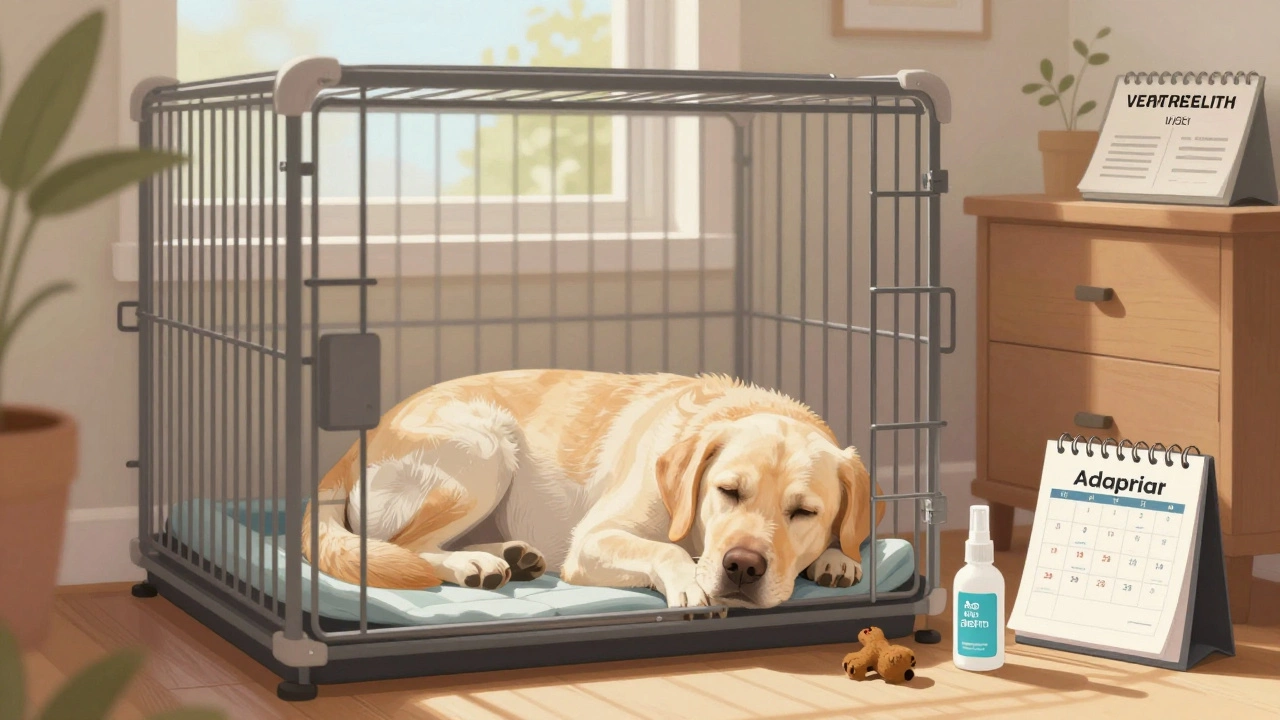 Senior Labrador resting in a cozy home crate with vet papers and calming supplies nearby.
