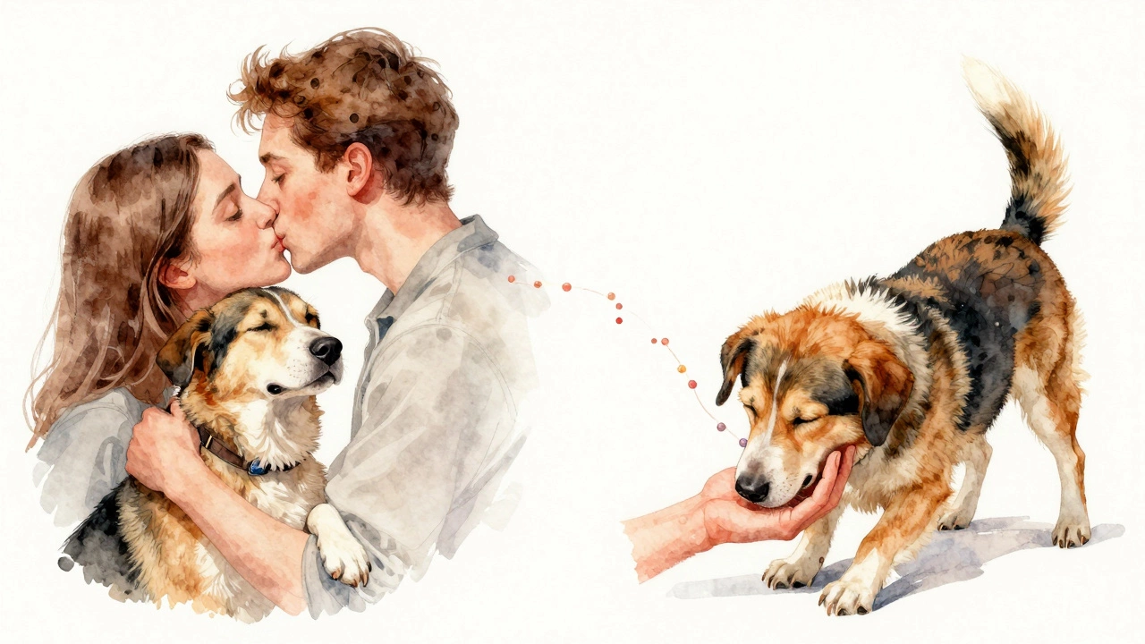 Split image: one side shows discomfort from a kiss, the other shows joy from ear scratches.