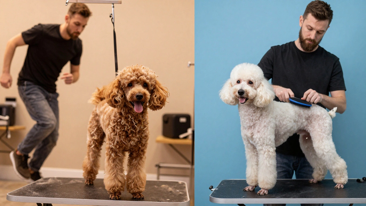 Split-screen: stressed groomer with matted dog vs. calm groomer with well-brushed dog.