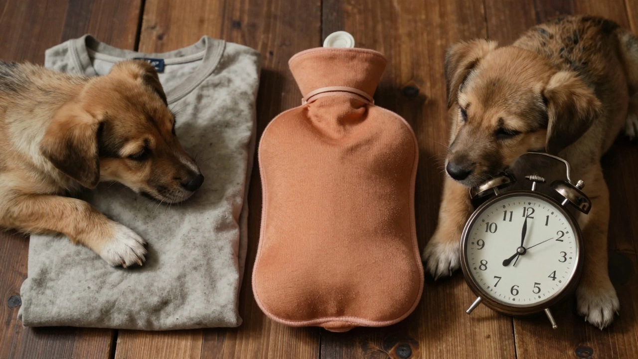 Three simple alternatives to a puppy cuddle toy: a shirt, water bottle, and ticking clock beside a sleeping pup.