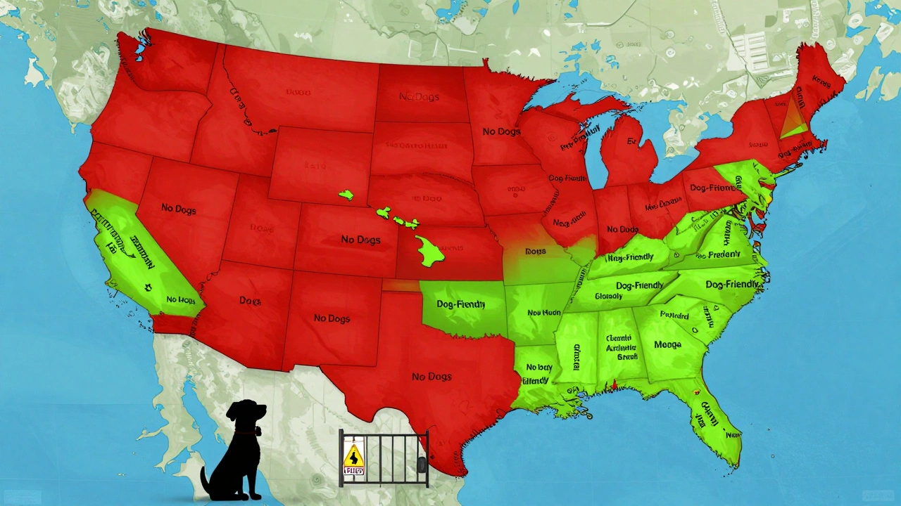 U.S. map showing red restricted areas for dogs versus green pet-friendly regions.