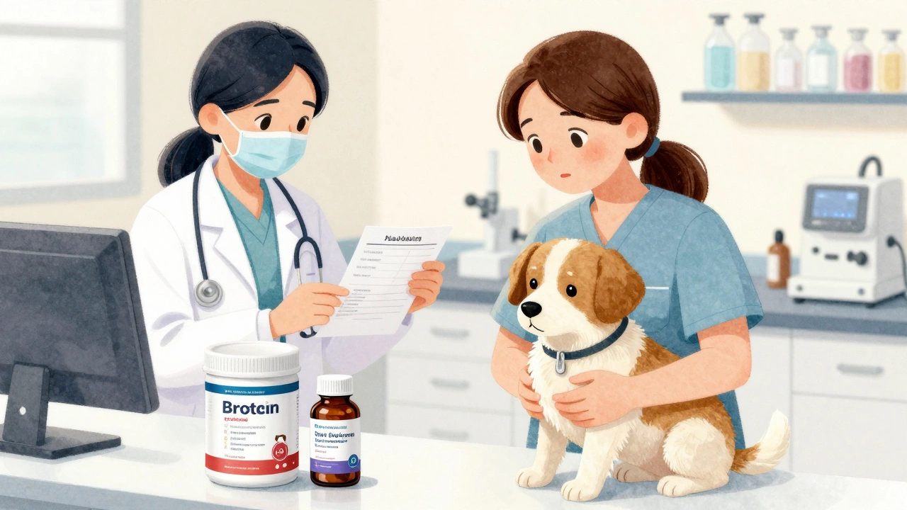 Veterinarian reviewing blood test for a dog while holding a safe supplement bottle.