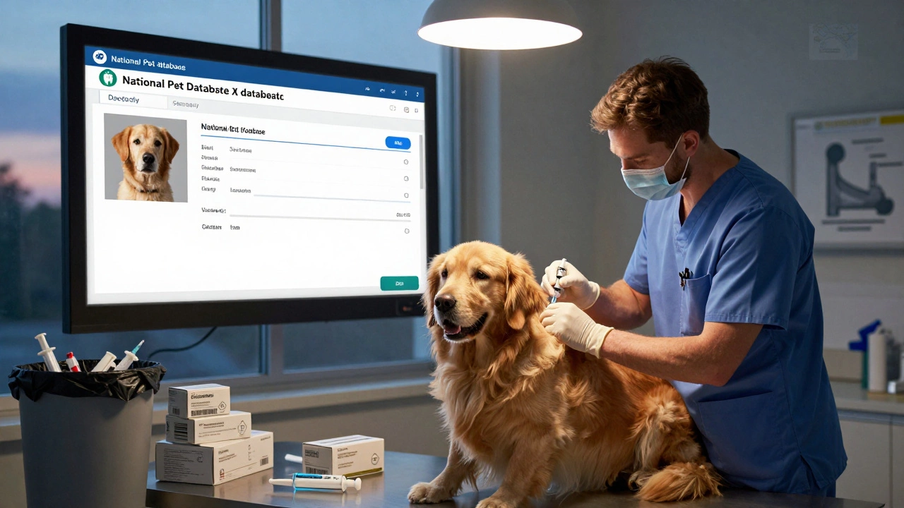 Veterinarian vaccinating a dog in clinic as digital record displays on screen
