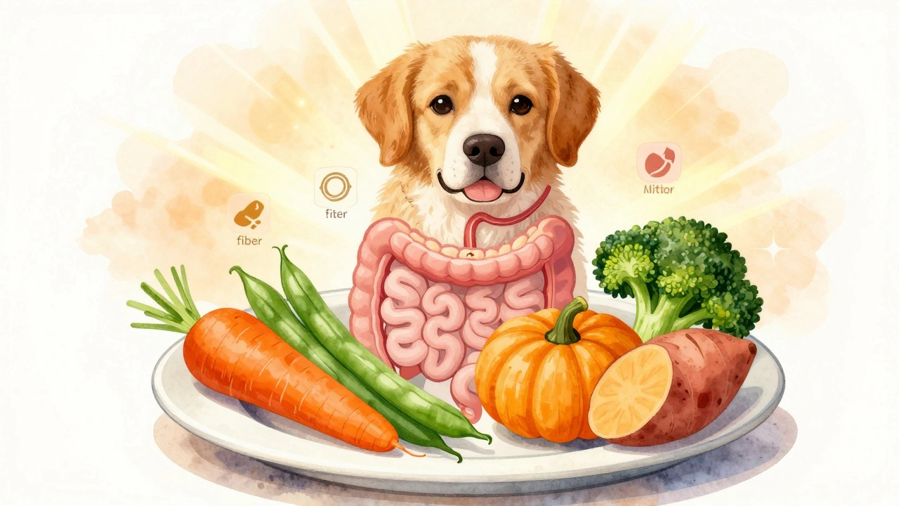 Watercolor illustration of safe dog vegetables with nutrient icons glowing softly around them.