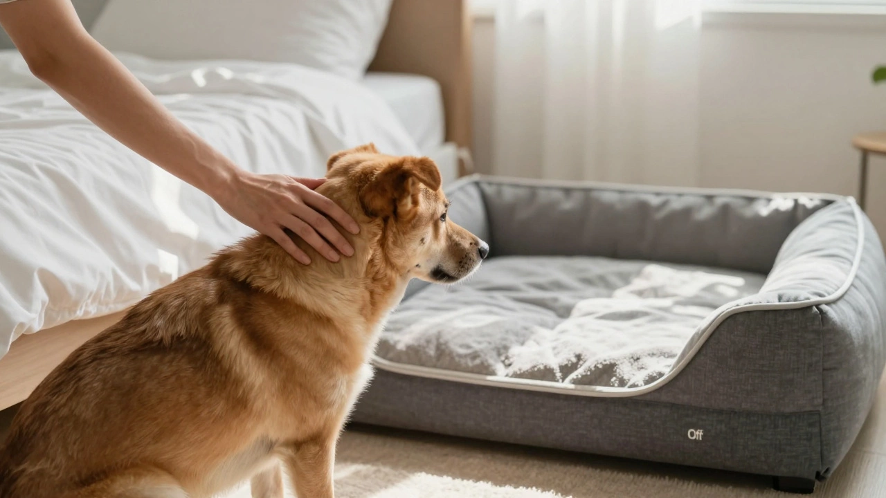A person gently guides a dog off the bed toward a comfortable alternative bed in morning light.