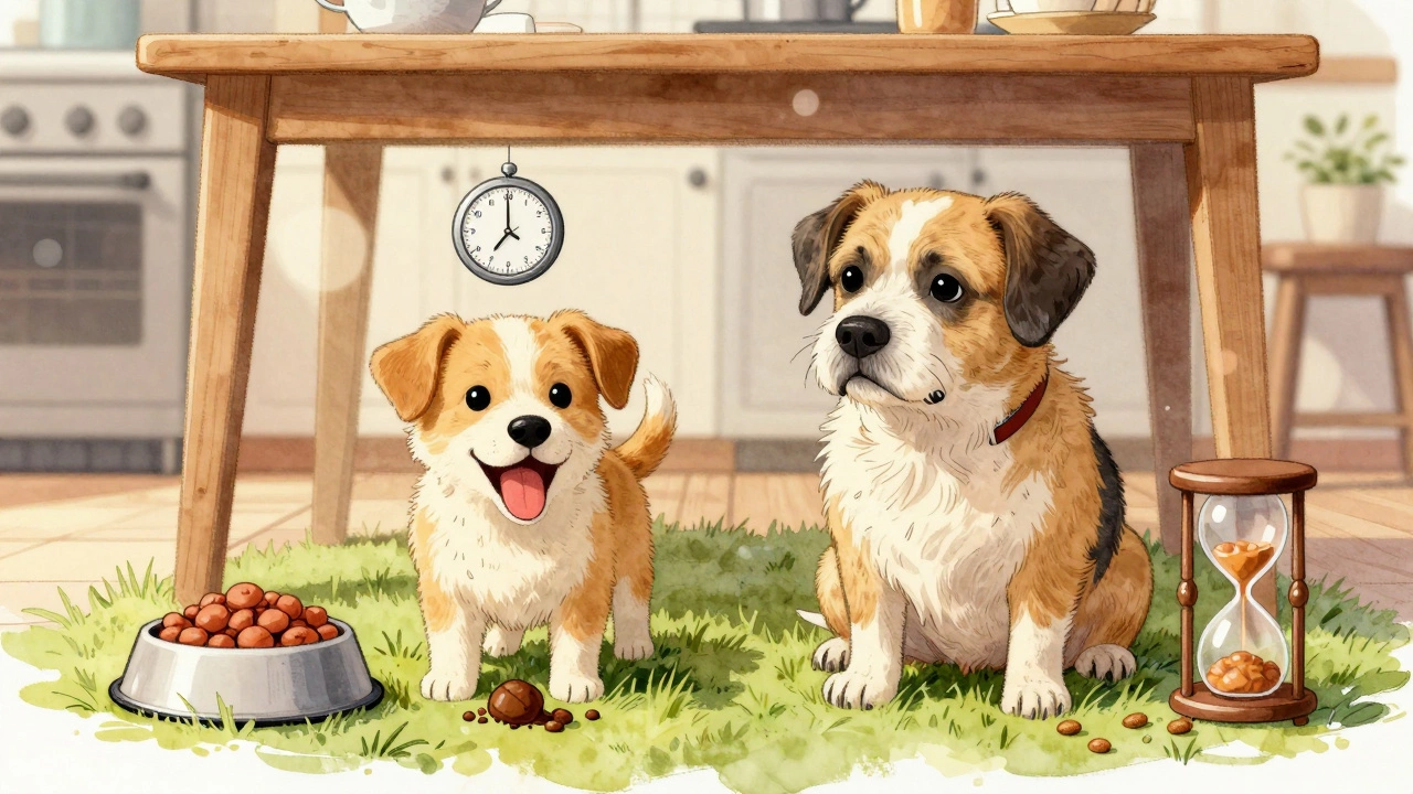 A puppy and an older dog side by side, one pooping soon after eating, the other calm, with food bowls nearby.