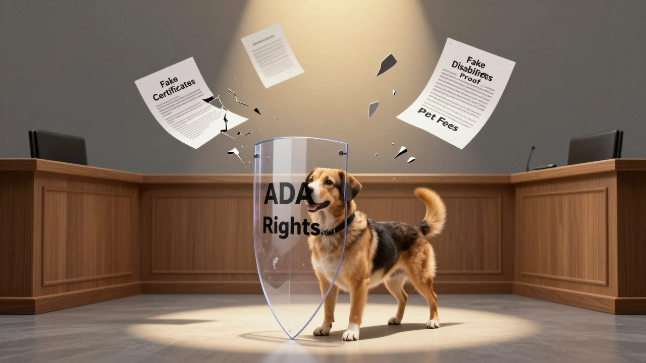 A service dog standing beside a shield of ADA rights as fake certificates crumble away.