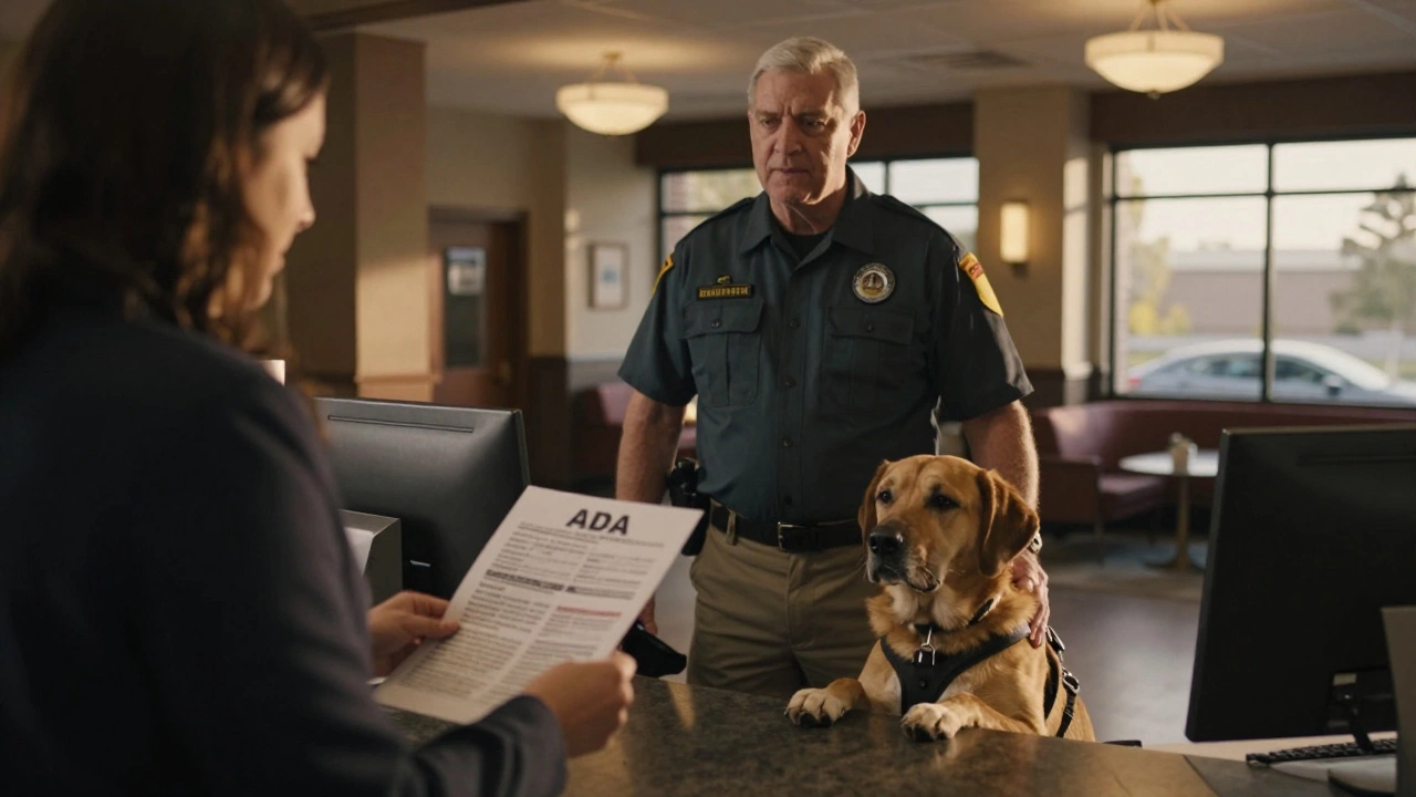A veteran and his service dog in a hotel lobby, staff reviewing ADA guidelines.