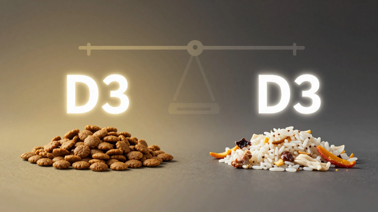 Balanced dog food next to homemade scraps, vitamin D symbol glowing on one side, broken on the other.