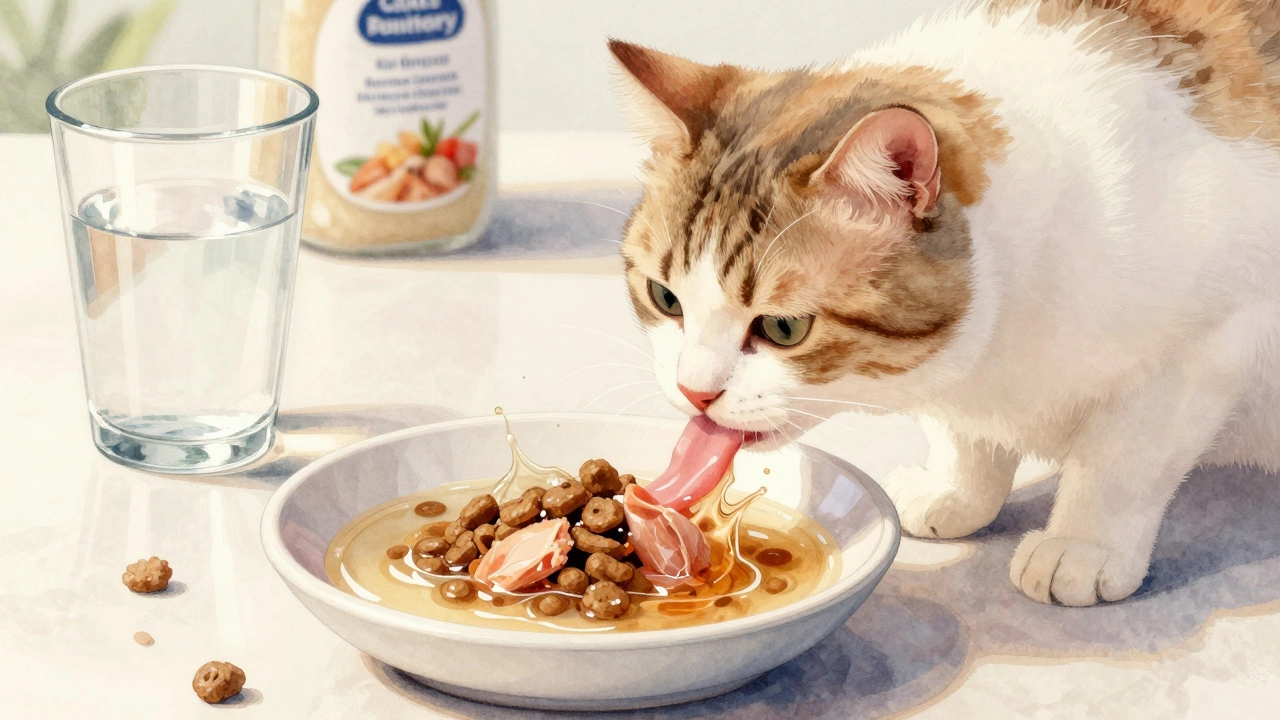 Cat licking moistened kibble with chicken broth in a shallow dish.