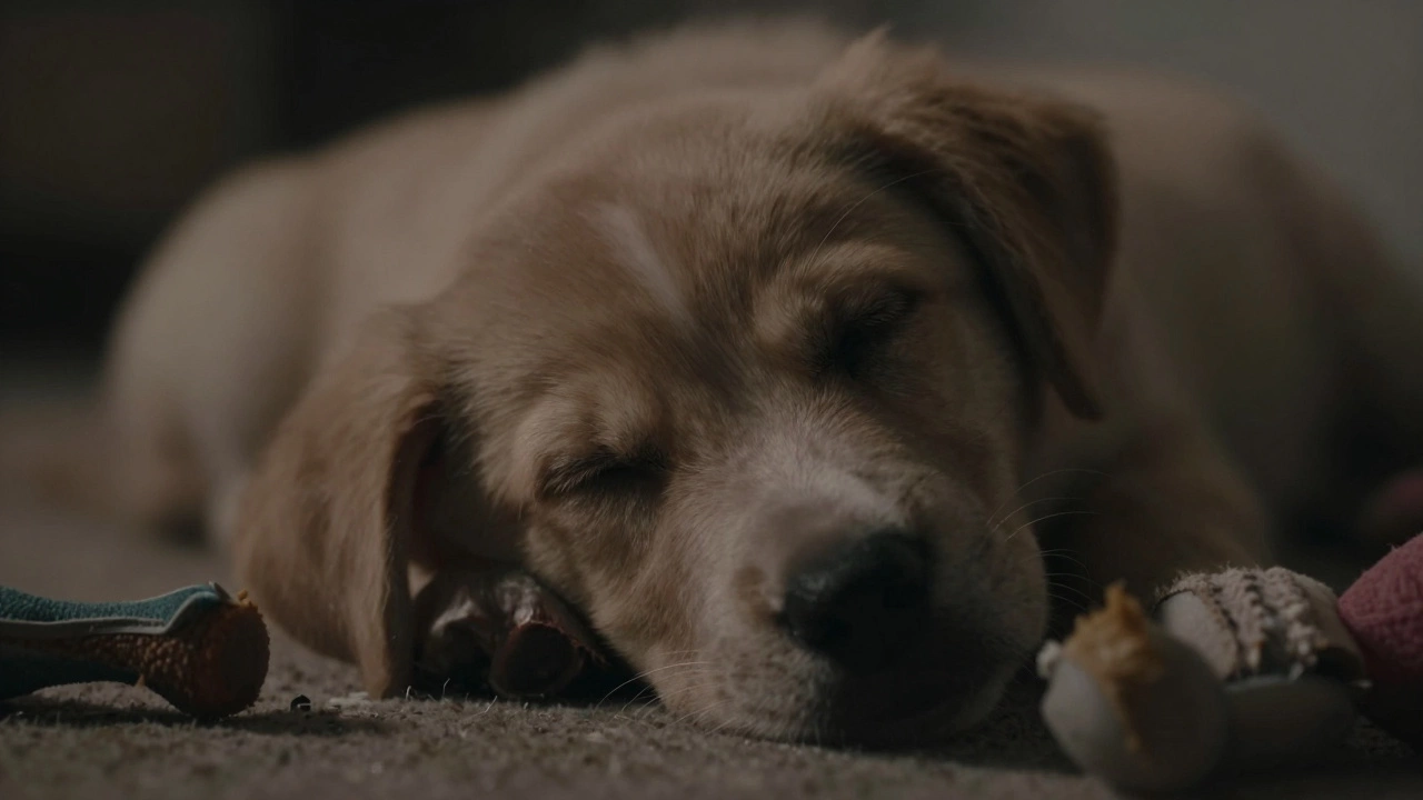 Close-up of a sleeping puppy's face with ears flickering during REM sleep, bathed in warm nightlight glow.