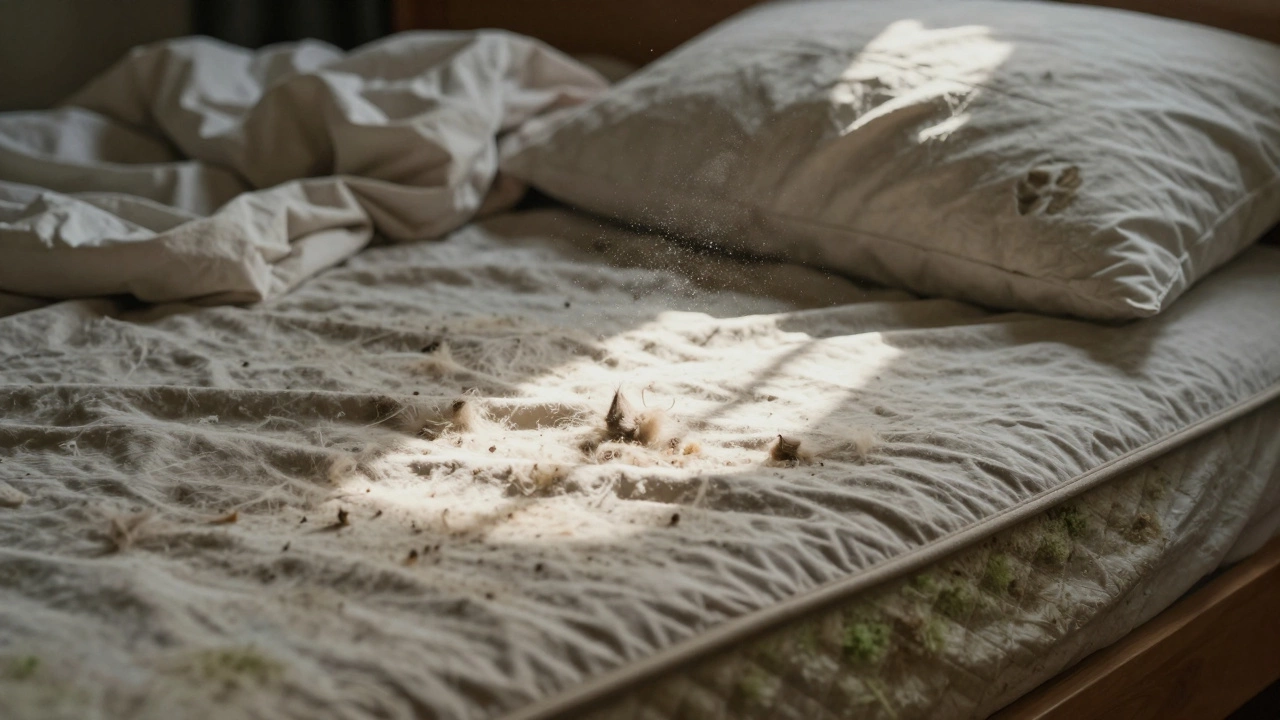 Dog fur and dander scatter on rumpled sheets under morning light, showing allergen buildup.