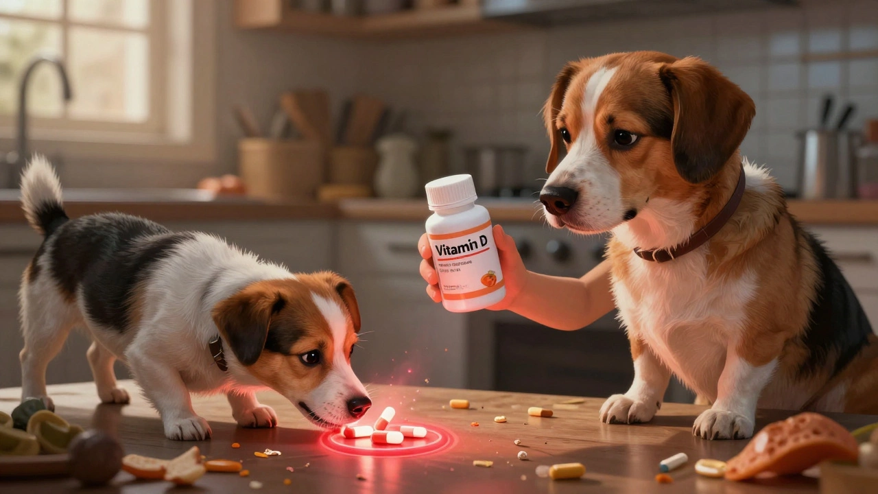 Dog owner holding human vitamin D pills as dog sniffs nearby, pills glowing with warning red halos.