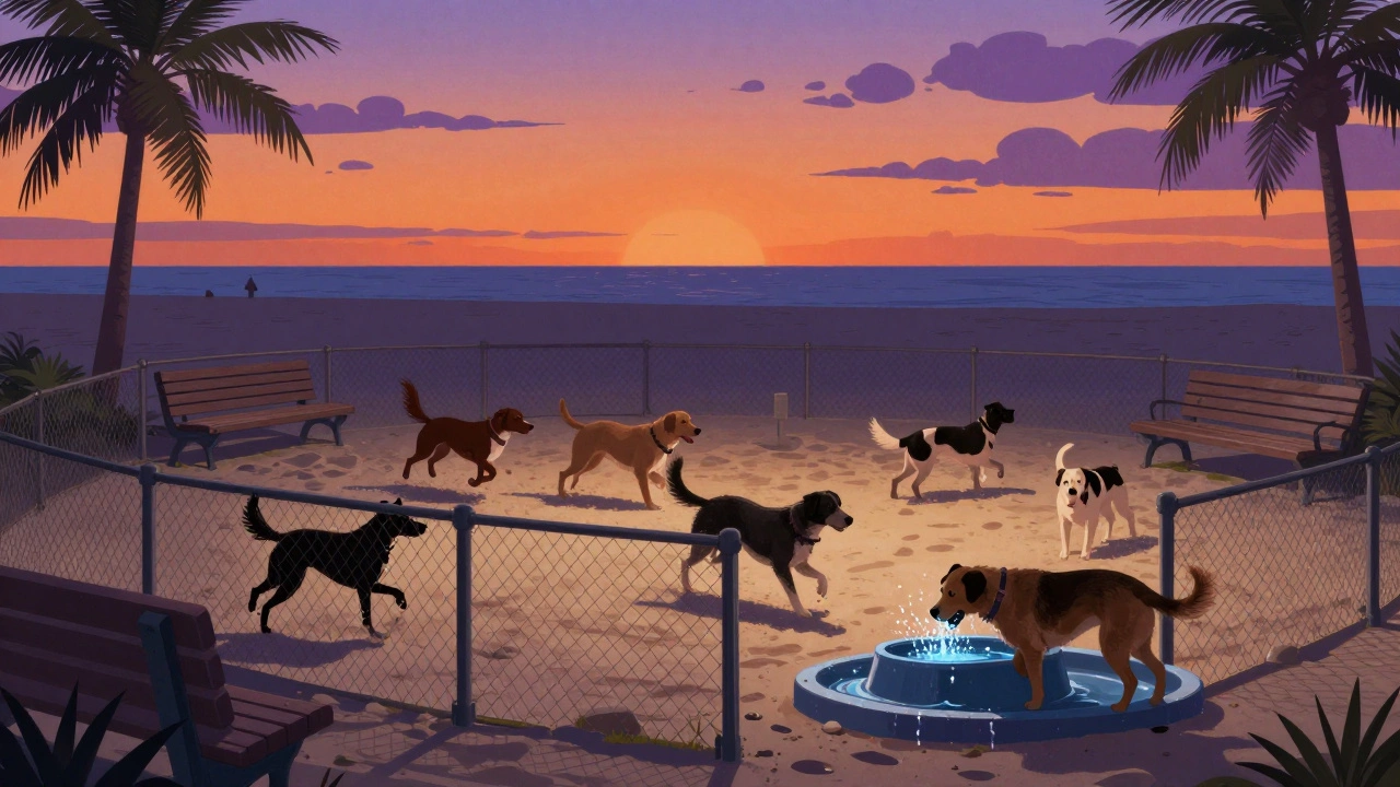 Dogs playing freely in the fenced 2nd Street Dog Beach at dusk with water station nearby.