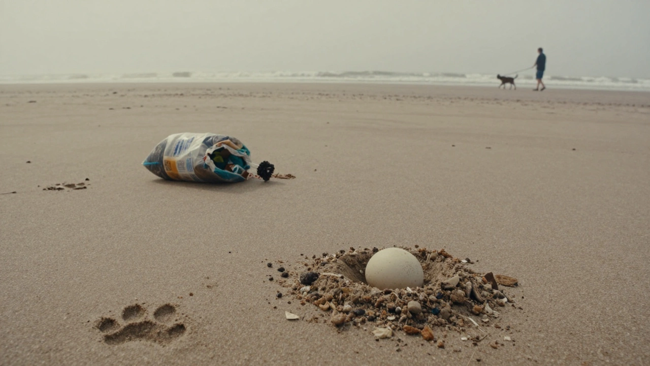 Piping plover egg on sand with dog paw print nearby, symbolizing wildlife conservation.