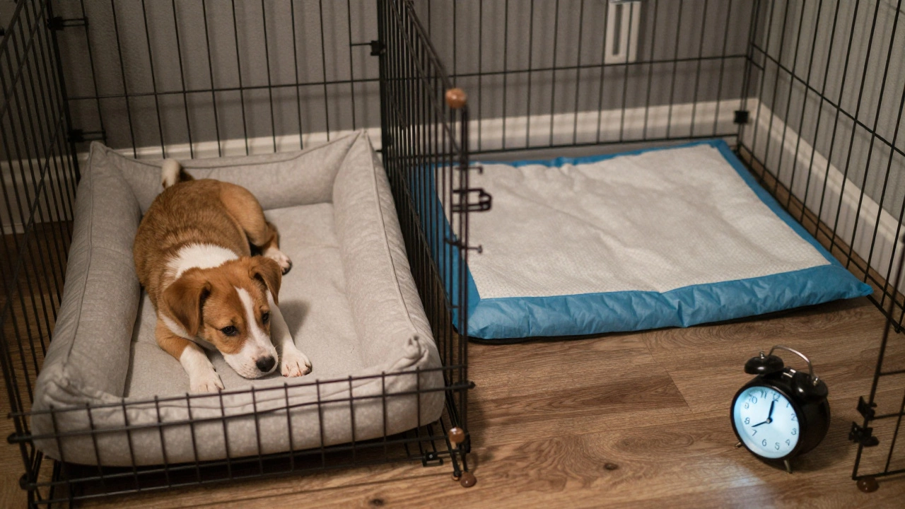 Puppy in a playpen with a pee pad placed away from the sleeping area, an alarm clock nearby at night.