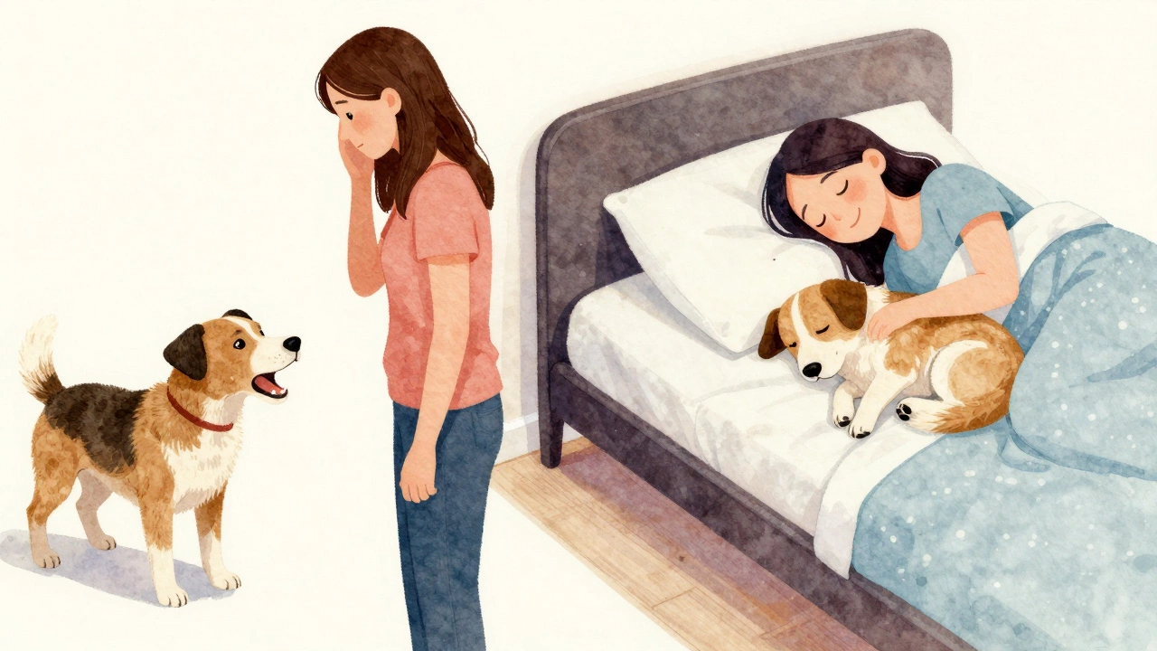Split image: dog growling on bed vs. dog calm on nearby bed, symbolizing behavioral conflict and resolution.