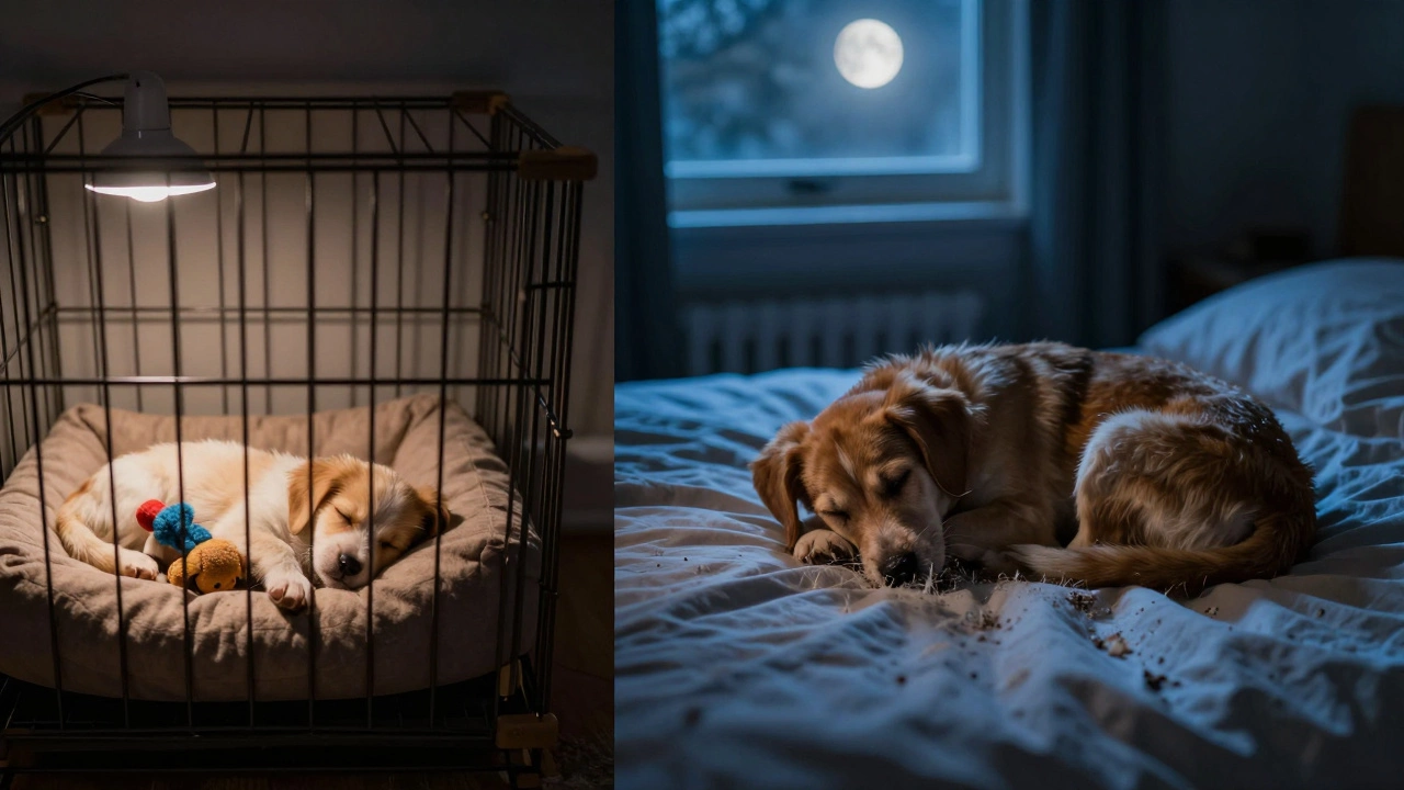Split image: puppy sleeping in a crate on one side, dog shedding on a bed on the other, under moonlight.