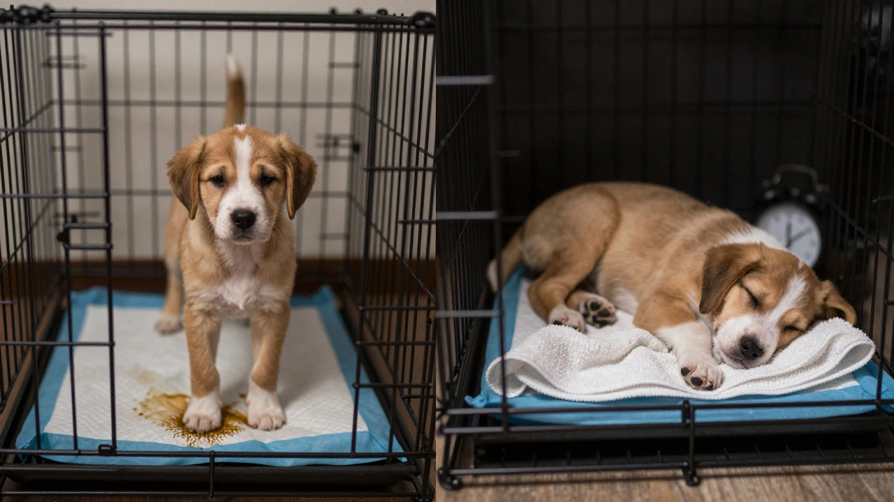 Split image showing a puppy confused in a large crate with a wet pad versus sleeping calmly in a correctly sized crate.